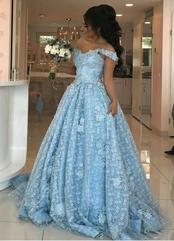 flutter sleeve prom dressesBall Gown Light Blue Lace Appliques Prom Dresses Off the Shoulder Quinceanera Dresses