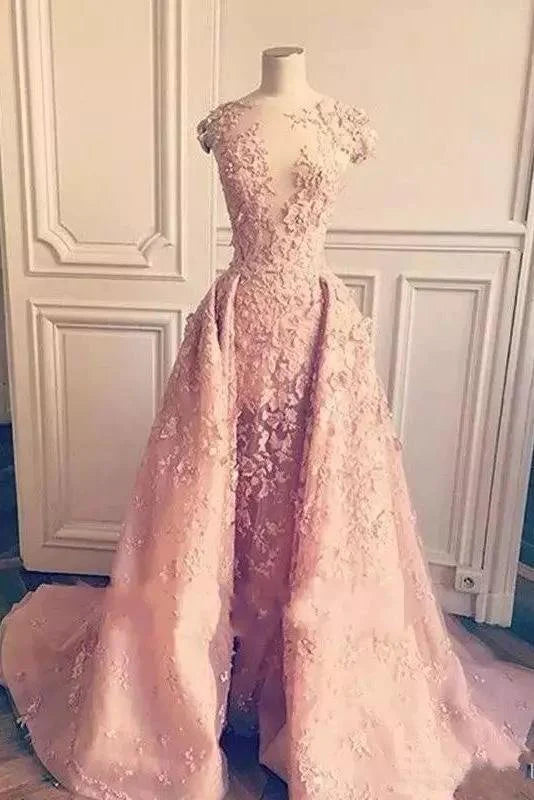 sweetheart neckline prom dressesBall Gown Mermaid Pink Lace Appliques Tulle Cap Sleeve Backless Prom Dresses