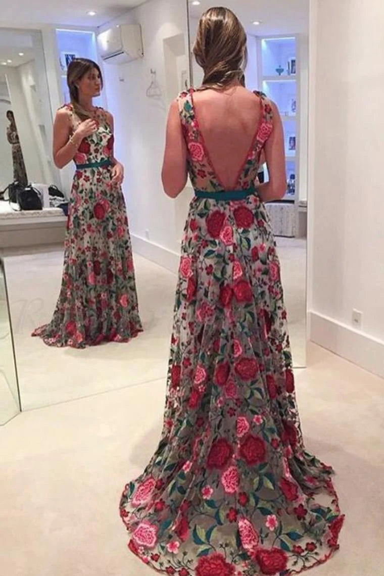 prom dresses with beaded accentsBeautiful Prom Dresses Scoop Aline Rose Floral Embroidery Lace Prom Dress