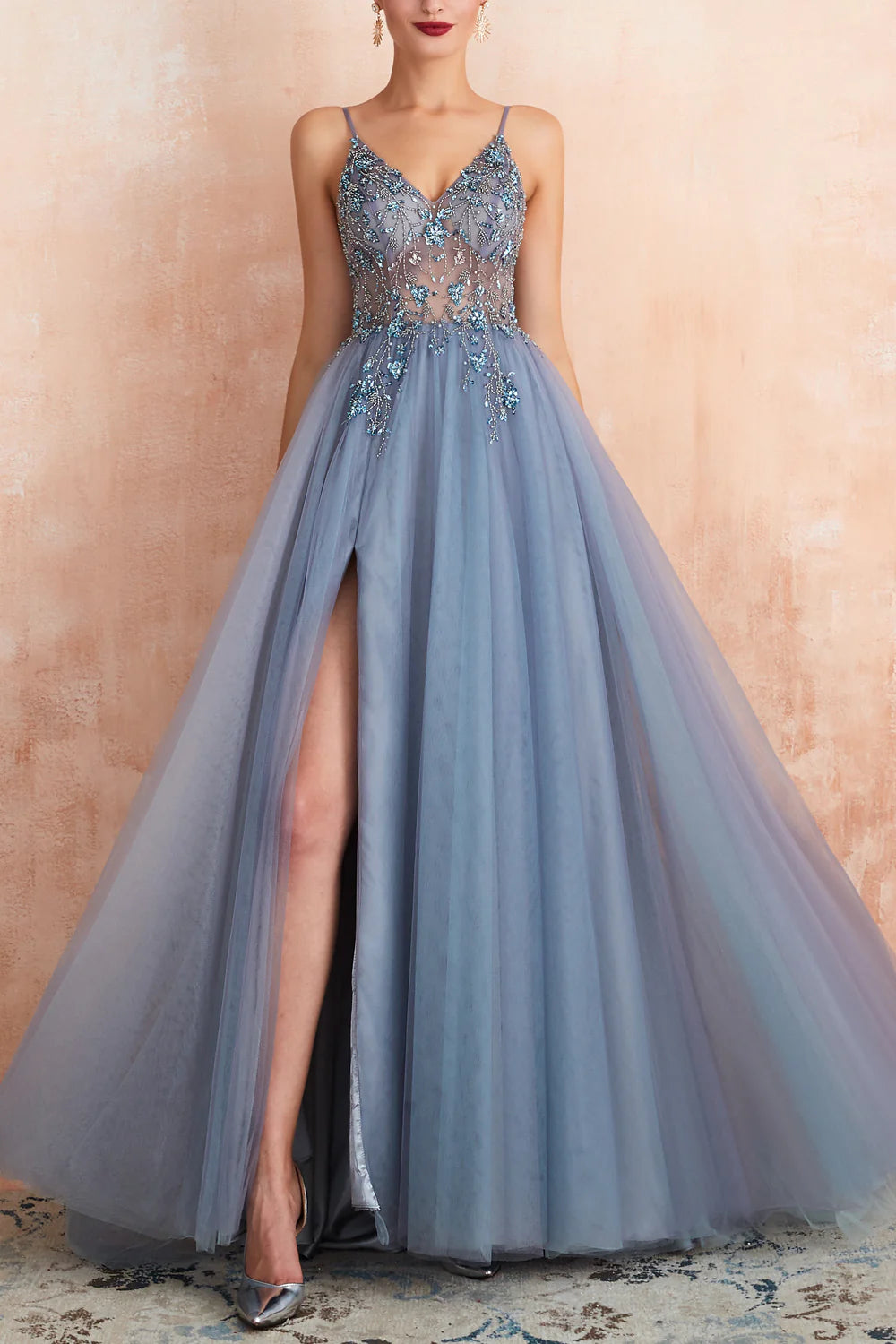 maxi prom dressesBlue A Line Spaghetti Straps Slit Tulle Prom Dress with Slit