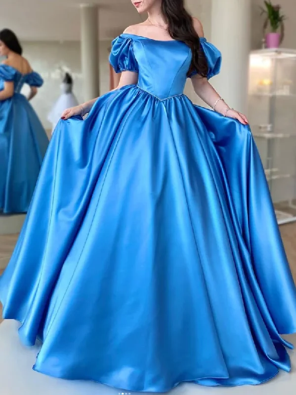 prom dresses for plus-size figuresBLUE SATIN LONG PROM DRESS, A LINE LONG BLUE GRADUATION DRESSES     S1362