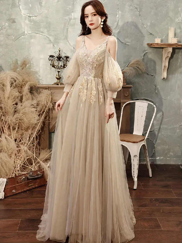 short prom dressesCHAMPAGNE A LINE TULLE LACE LONG PROM DRESS, LACE FORMAL GRADUATION DRESS      S1349