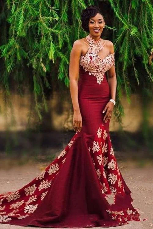 prom dress preservationCharming Burgundy Halter Prom Dresses Mermaid Long Lace Appliqued Sleeveless Formal Dress