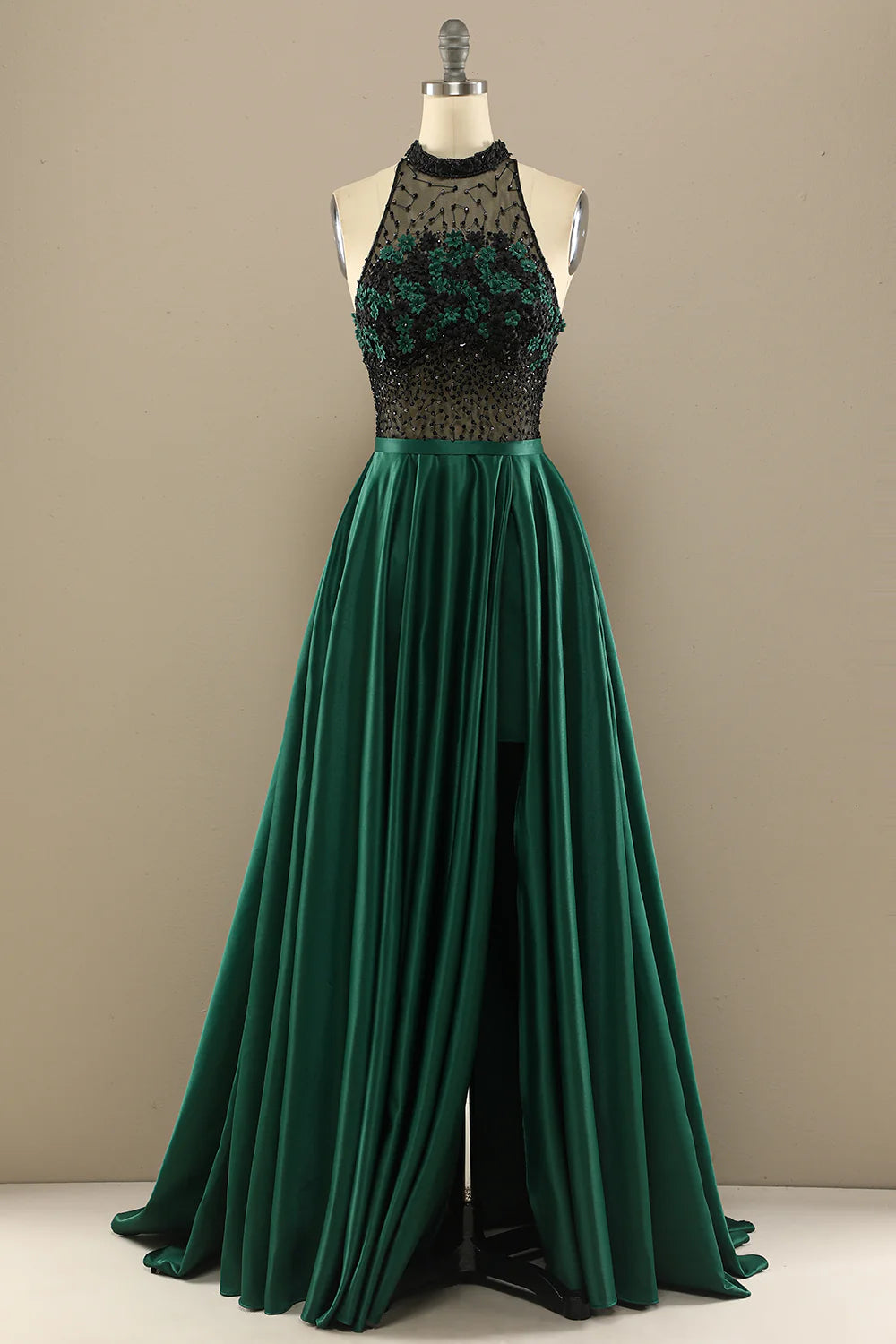 cap sleeve prom dressesDark Green Long Beaded Prom Dress With Flowers