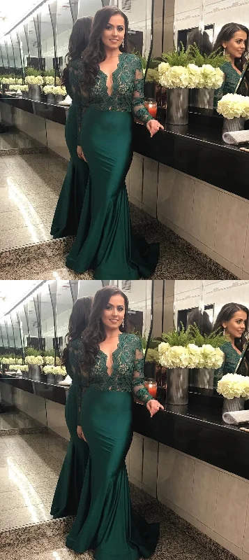 backless prom dressesDark Green Mermaid Prom Dress with Lace Charming Long Prom Dresses    S1542