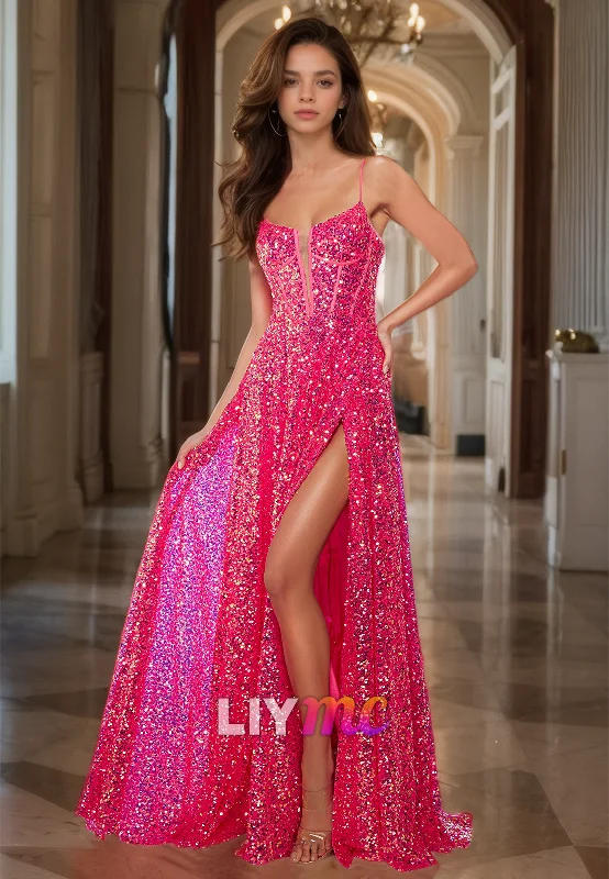 prom dresses for springV-Neck Spaghetti Straps Sequins Sparkly A-Line Prom Dress