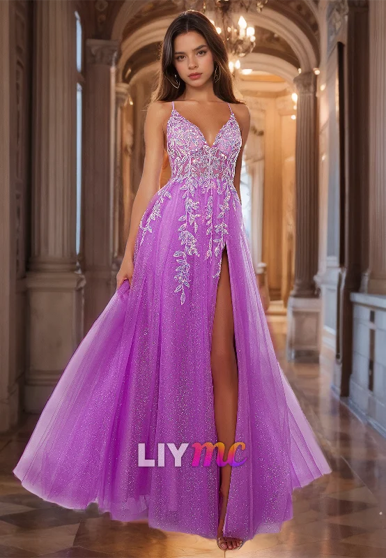 lace-up prom dressesV-Neck Sleeveless Appliques Tulle A-Line Prom Dress