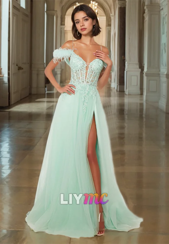 satin prom dressesV-Neck Spaghetti Straps Feathered Appliques Tulle A-Line Prom Dress