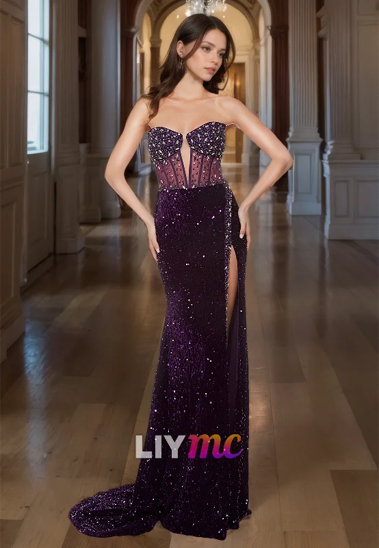 prom dress inspiration galleriesV-Neck Strapless Beaded Sequins Side Slit Sheath Sparkly Prom Dress