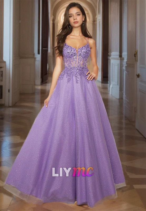 prom dresses for fallV-Neck Sleeveless Appliques Pleated Tulle A-Line Prom Dress