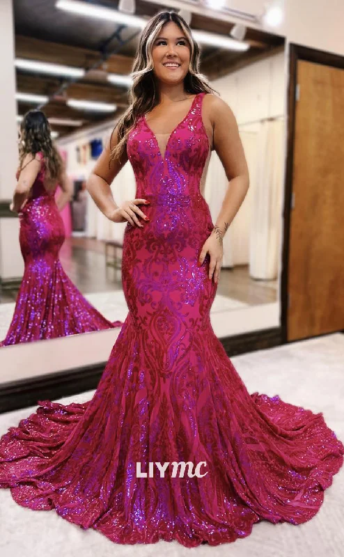 prom dresses for winterLP1020 - Plunging V Neck Lace Mermaid Formal Prom Dress