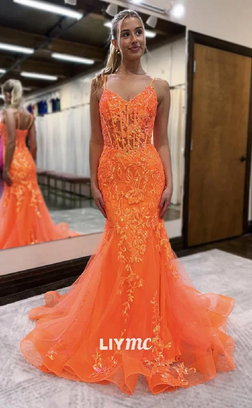 halter neck prom dressesLP1027 - Spaghetti Straps Sequins Appliques Mermaid Long Formal Prom Dress