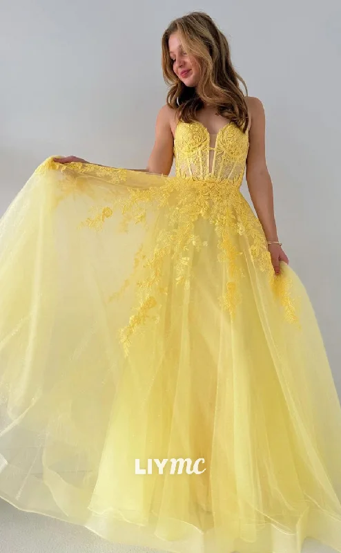 plus-size prom dressesLP1030 - A Line Plunging Illusion V Neck Lace Appliques Yellow Formal Prom Dress