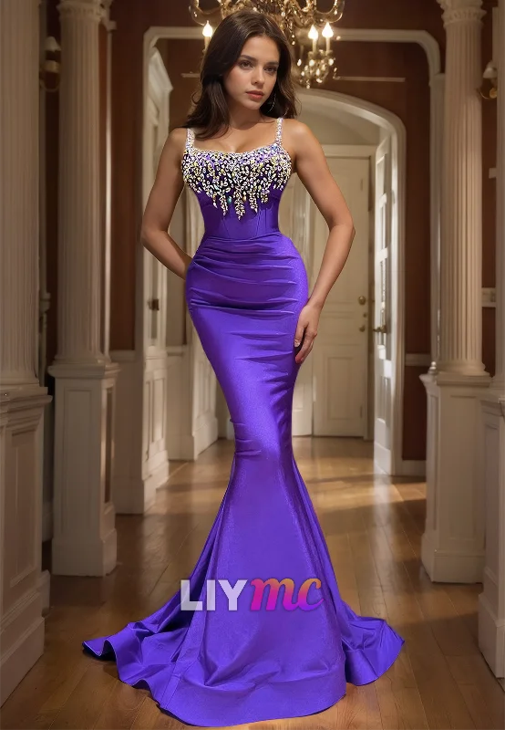 fitted prom dressesLP1052 - Spaghetti Straps Satin Beads Mermaid Formal Prom Dress