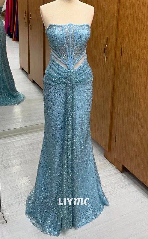 beaded prom dressesLP2255 - Strapless Sleeveless Beaded Sheer Sequins Cut Outs Pleated Cocktail Dress Prom Dress