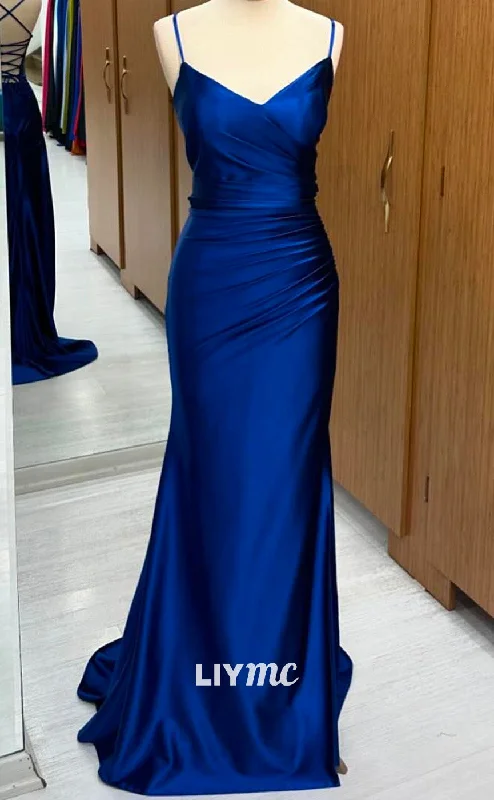 glamorous prom dressesLP2256 - V-Neck Spaghetti Straps Pleated Sleek Satin Sheath Cocktail Dress Prom Dress