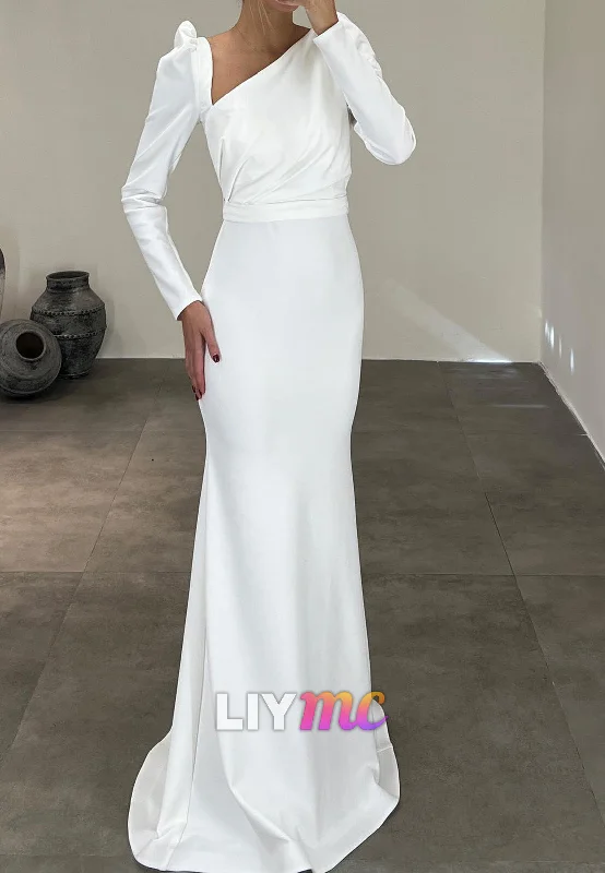 prom dresses for tall girlsLP2269 - Asymmetrical Long Sleeves Ruched Sleek Satin Sheath Prom Dress