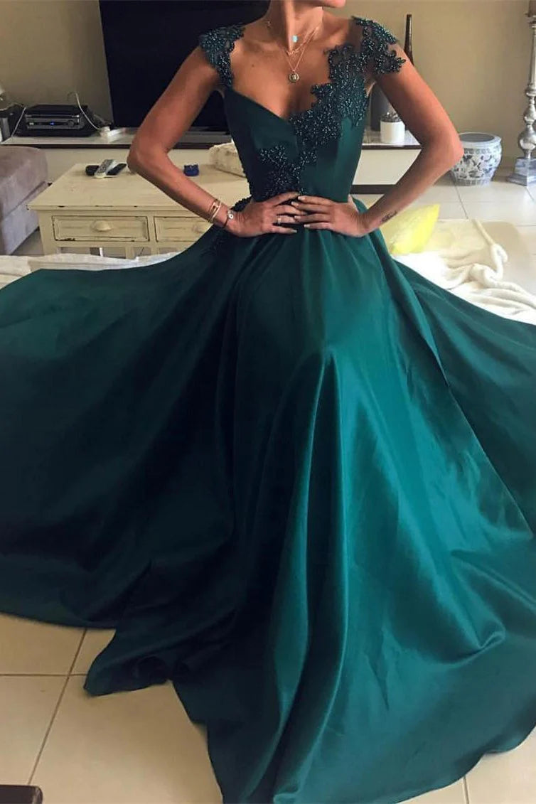 prom dresses with illusion panelsElegant Beaded Peacock Green V Neck Long Satin Open Back Prom Dresses