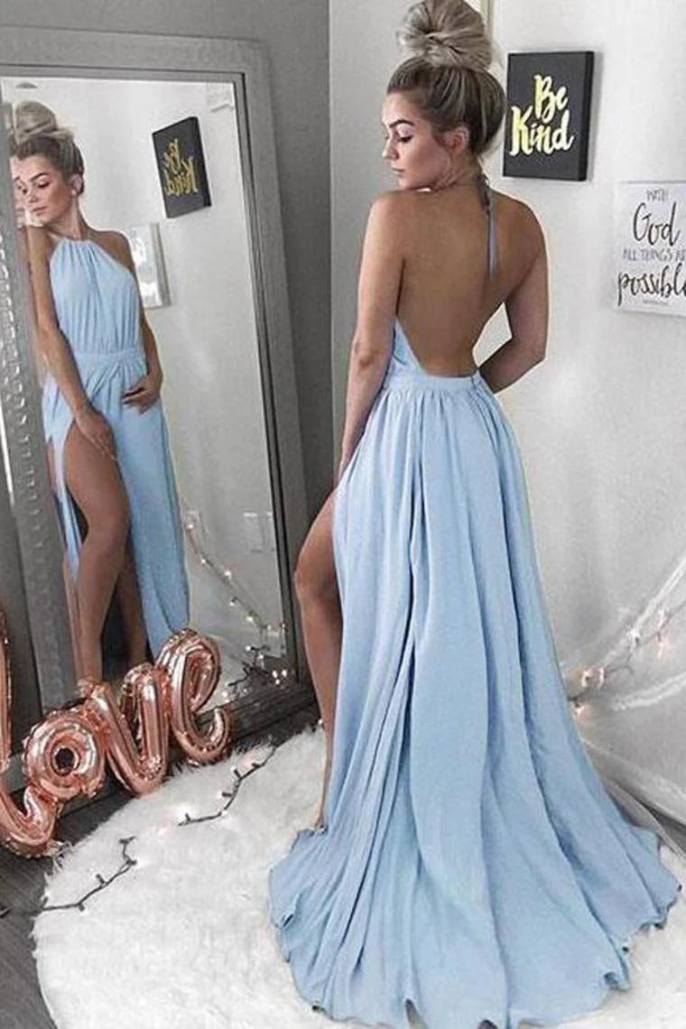 prom dresses for springElegant Long Sky Blue Halter Open Back Chiffon Simple Cheap Prom Dresses With Slit