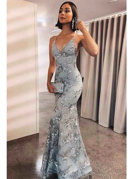 affordable prom dressesElegant Mermaid Silver Long Prom Dress with Open Back    S1563