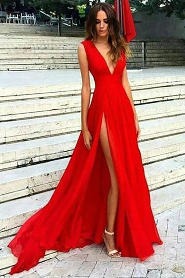 beaded prom dressesElegant Red Split V-Neck A-Line Chiffon Sexy Floor-Length Prom Dresses