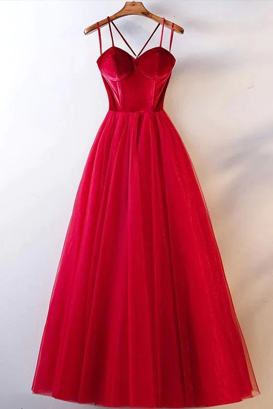 prom dresses with trainsElegant Spaghetti Straps Tulle Lace up Red Sweetheart Prom Dresses Long Formal Dresses