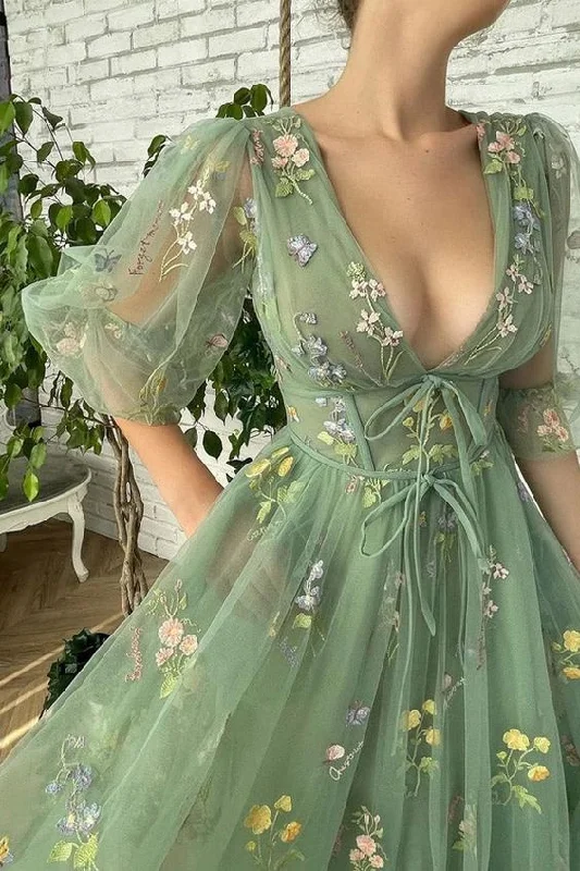 prom dress shopping tipsElegant V Neck Green Tea Length Prom Dresses     S1630