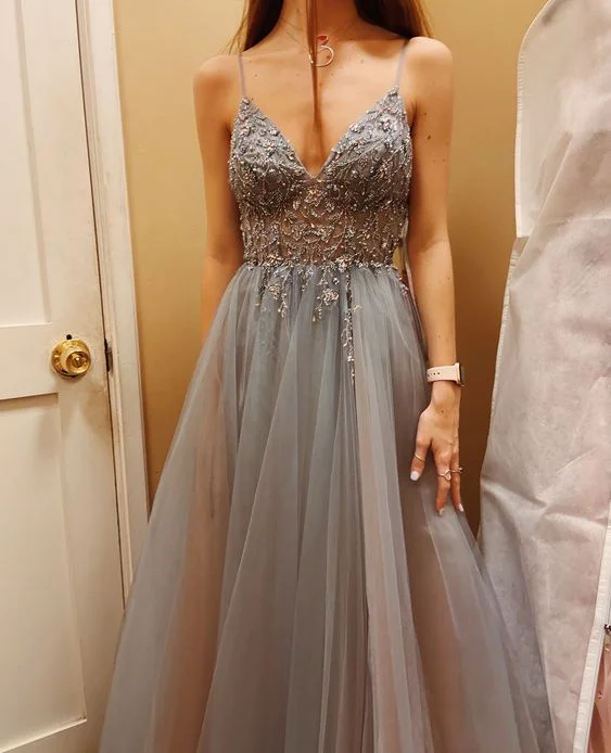 prom dresses with floral embroideryGray Prom Dresses, 2023 Prom Dresses, Beaded Long Sleeve Prom Dresses     S1454