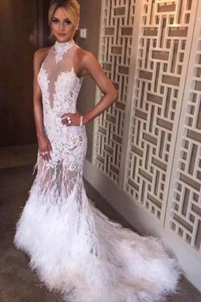 sleeveless prom dressesHalter Neck Feather Mermaid Appliques White Prom Dress With Court Train Prom Dresses