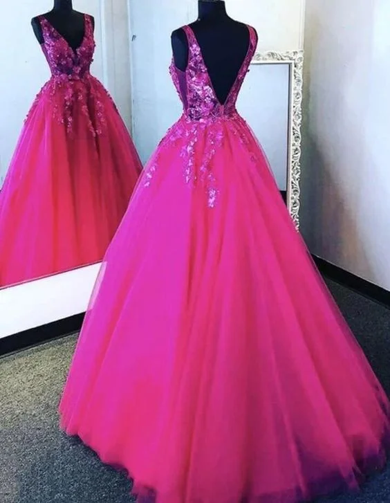 halter prom dressesHot Pink Tulle Lace Backless Floral Formal Prom Dresses     S1529