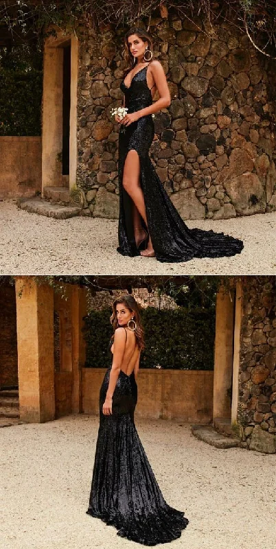 short prom dressesLong Prom Dresses with Slit, Black Prom Dresses Mermaid, Sparkly Halter Prom Dresses      S1584