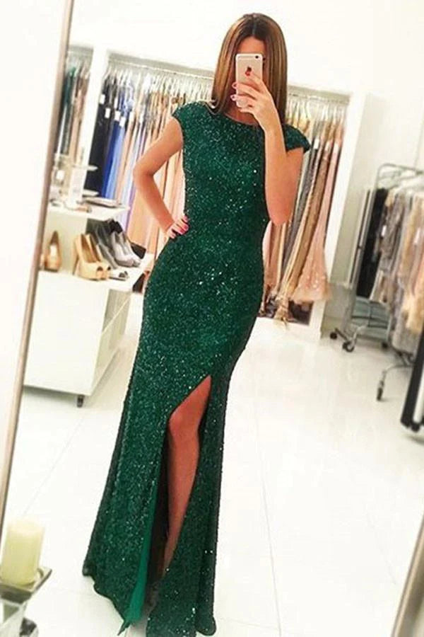 prom dress fitting adviceMermaid Dark Green Open Back Long Cap Sleeves Split-Front Prom Dresses with Sequins