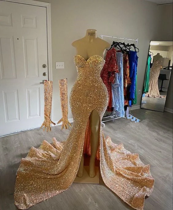 halter neck prom dressesMermaid Sleeveless Gold Sequined Prom Dress    S1578