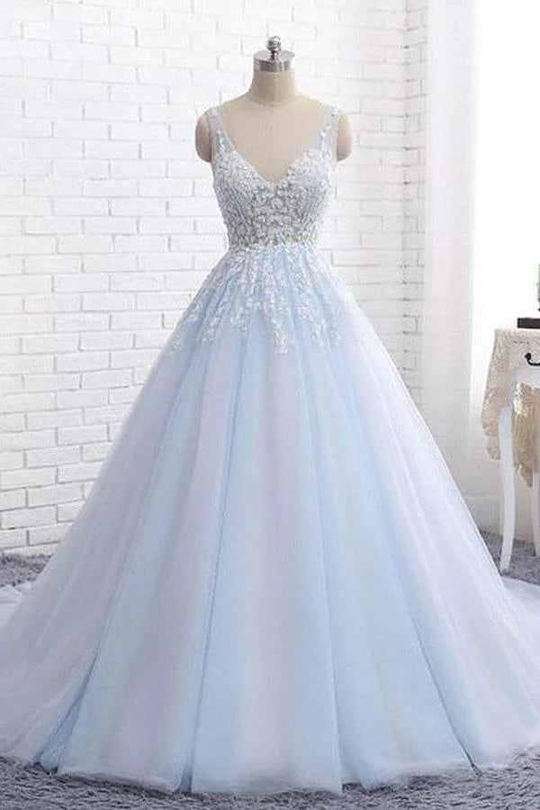 prom dresses for curve-hugging figuresSexy Ball Gown Tulle Sky Blue V-neck Appliques Brush Train Long Sleeveless Prom Dresses