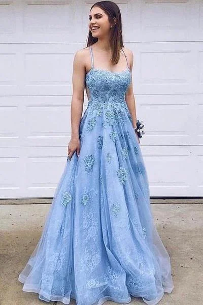 sparkly prom dressesSky Blue A Line Tulle Spaghetti Straps Criss Cross Back Prom Dresses With Lace Appliques