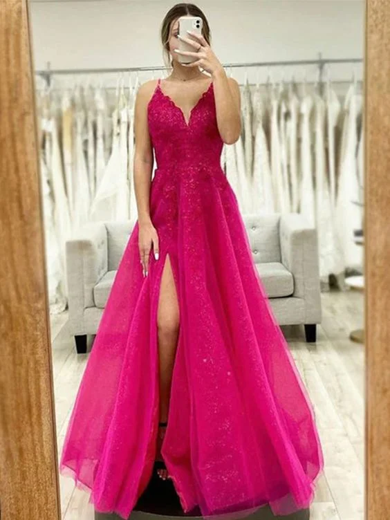 flowy prom dressesspaghetti straps v-neck sparkly side-slit a-line long lace top prom dress      S1316