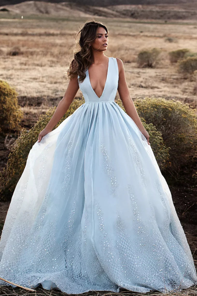 tulle prom dressesTulle Prom Dresses A Line V Neck With Applique And Beads Sweep Train