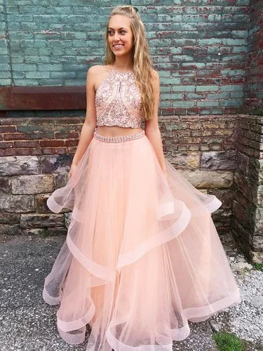 modern prom dressesTwo Pieces Prom Dresses Tulle A Line With Beaded