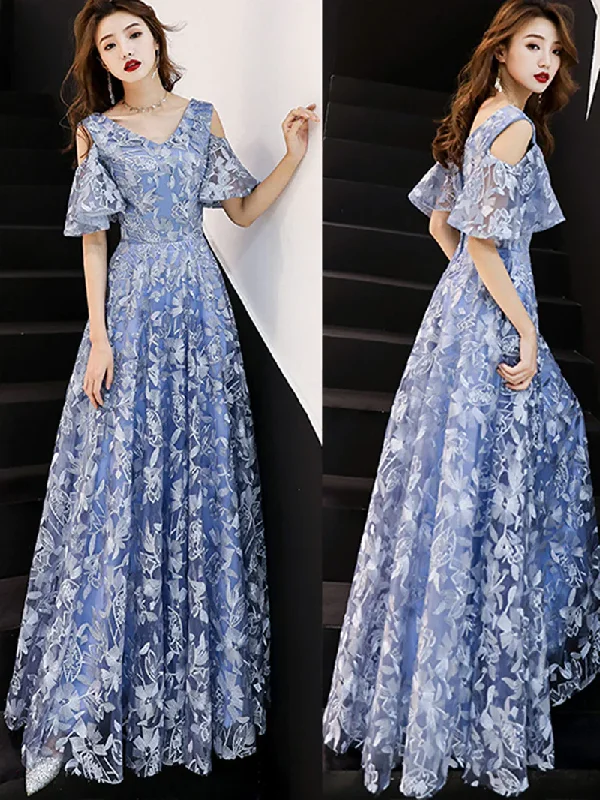 silk prom dressesV NECK LACE LONG PROM DRESS, BLUE FORMAL GRADUATION DRESS      S1351