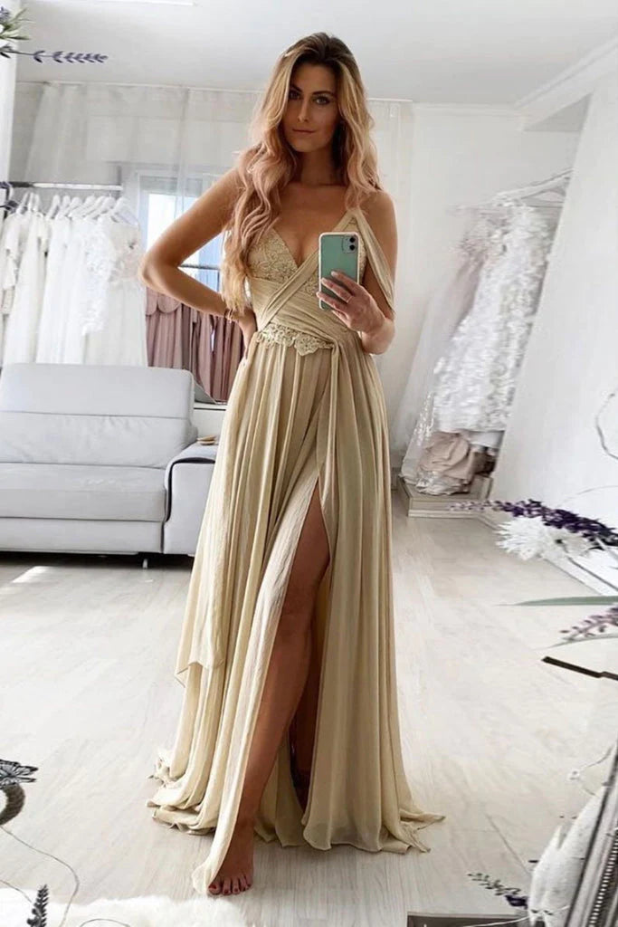 luxury prom dressesV-Neck Prom Dresses A Line Chiffon & Lace With Slit