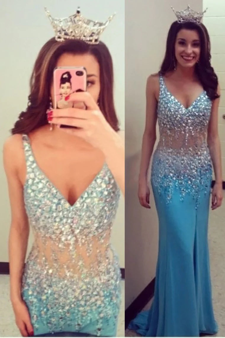 fitted prom dressesV-Neck Prom Dresses Column Beaded Bodice